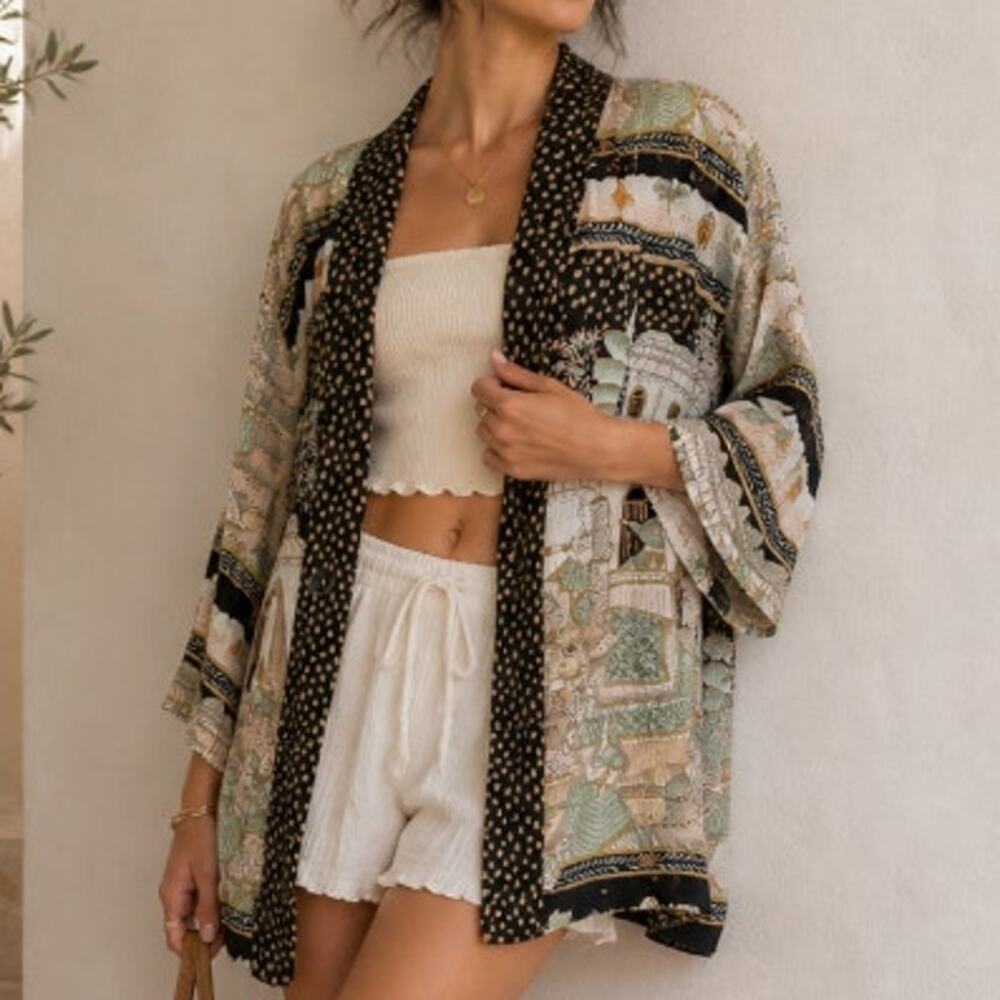 VTG Sharon Anthony Kimono Art Print Boho Duster Robe Ethnic Tapestry Festival
